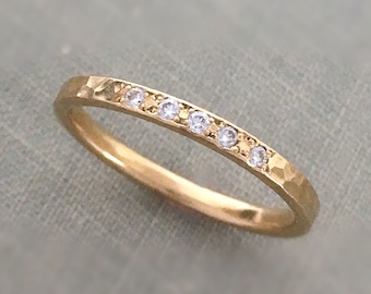 14k Gold and Moissanite Anniversary Ring, Hammered READY TO SHIP in size 6 3/4