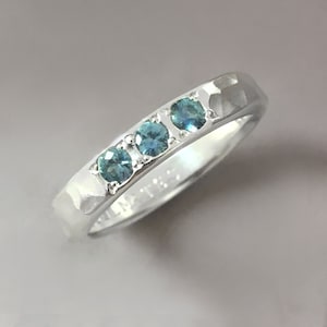 Three Stone Ring with Montana Sapphires in Sterling Silver or 14k Gold, Hammered Design