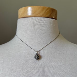 May include: A silver necklace with a pine cone pendant. The necklace is on a white mannequin.