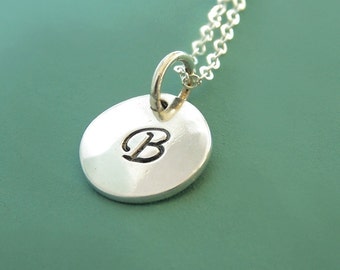 Initial Letter Necklace in Sterling Silver, Hand Stamped Custom Personalized Gift for Mom, 3/8""