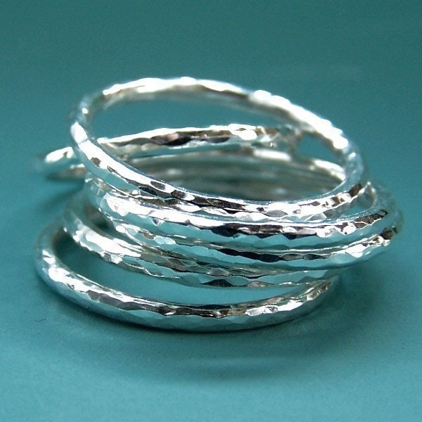 Sterling Silver Stacking Ring Set, Hand Hammered, Set of  Six
