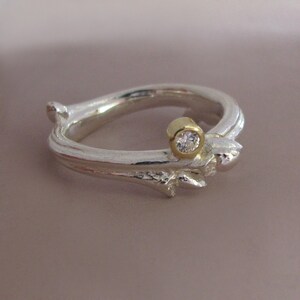 Oak Moissanite Twig Engagement Ring, Sterling Silver and 18k Gold image 2