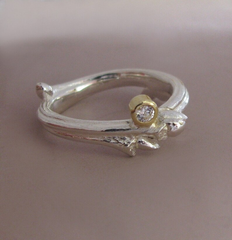 Oak Moissanite Twig Engagement Ring, Sterling Silver and 18k Gold image 2