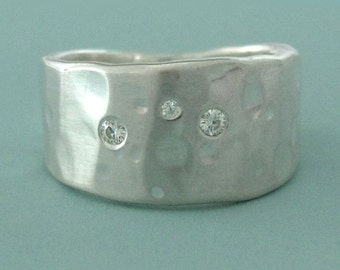 Sterling Silver and Moissanite Ring, Wide Tapered Band , Shoreline