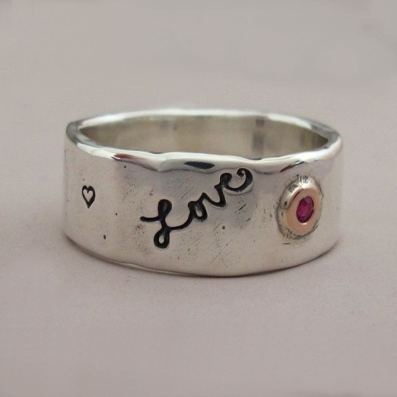 Message of Love Wide Band Ring in 14k Rose Gold, Ruby and Sterling Silver image 3