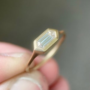Elongated Hexagon Moissanite Ring in 14k Yellow Gold or Sterling Silver