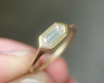 Elongated Hexagon Moissanite Ring in 14k Yellow Gold or Sterling Silver