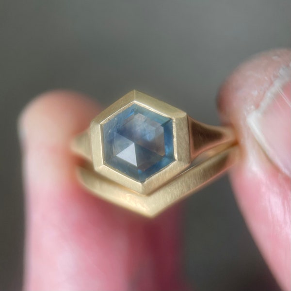 Montana Sapphire Hexagon Signet Ring in 14k Yellow Gold with Matching Band - Ready to Ship in Size 5