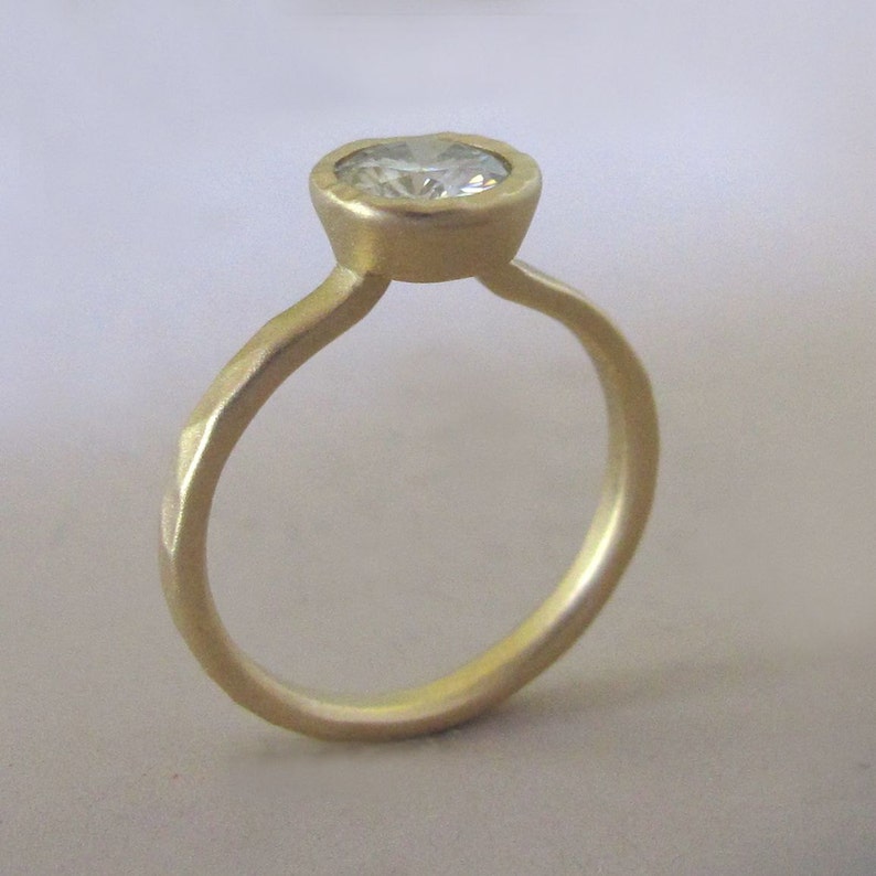 Moissanite Engagement Ring in 14k Yellow or Rose Gold, Hand Hammered with Hammered Bezel, Choose a Stone Size image 3