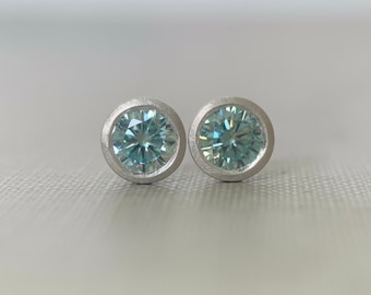 Blue Moissanite and 14k Gold or Sterling Silver Stud Earrings - 4 mm