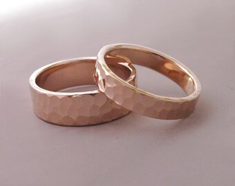 14k Rose Gold Wedding Rings, Hammered, Recycled Gold, 4 and 6 mm Set of Two