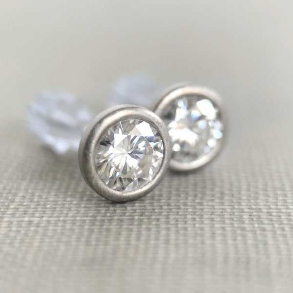 Moissanite Bezel Stud Earrings in 14k Gold or Sterling Silver Choose 3, 4 or 5 mm