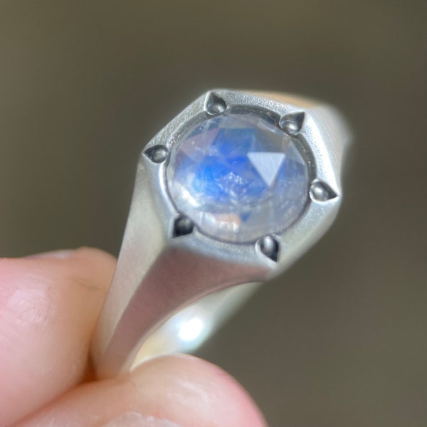 Hexagon Rose Cut Rainbow Moonstone Signet Ring in Oxidized Sterling Silver