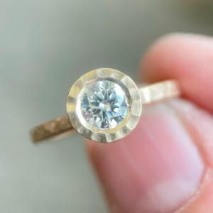 Hammered Moissanite Engagement Ring: 14k Gold Bezel Setting