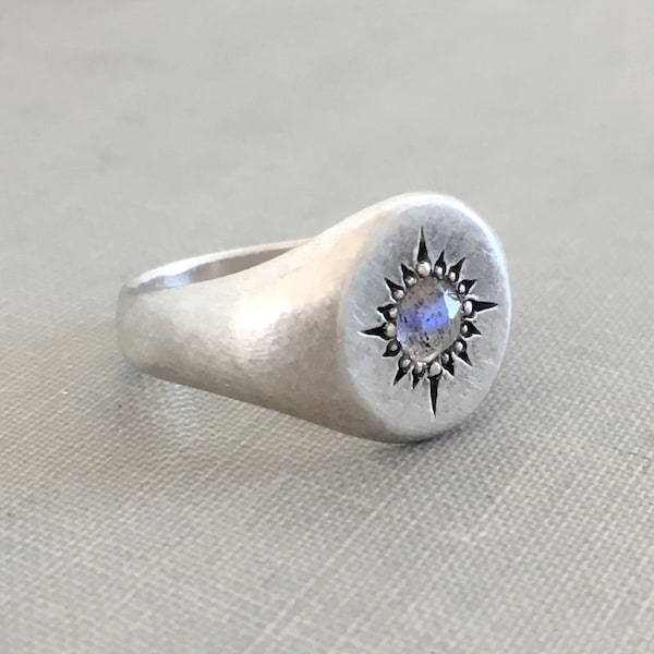 Star Signet Ring with Rose Cut Rainbow Moonstone or Labradorite in Sterling Silver