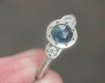 Moss Aquamarine Or Montana Sapphire Sterling Silver Ring: Rose Cut Stone, Moissanite Accents