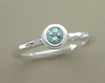 Aquamarine Sterling Silver Ring: Hand Hammered Solitaire, March Birthstone