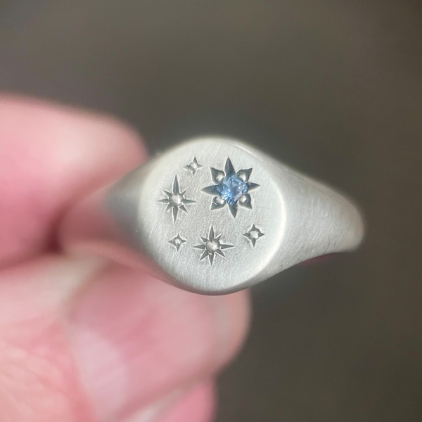 Blue Montana Sapphire Star Signet Ring with in Sterling Silver