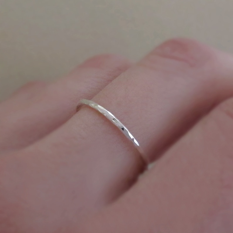 Hammered Stacking Ring in Sterling Silver, 1.3 mm Hand Hammered Round Thin Stacking Ring image 1