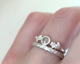 Raw Rose Cut Diamond Twig Wedding and Engagement Ring Set in Sterling Silver, Pine Branch and Live Oak Twig Ring Set