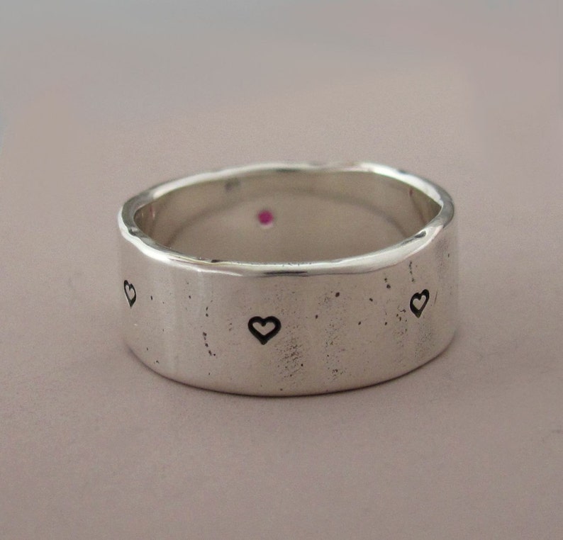 Message of Love Wide Band Ring in 14k Rose Gold, Ruby and Sterling Silver image 4