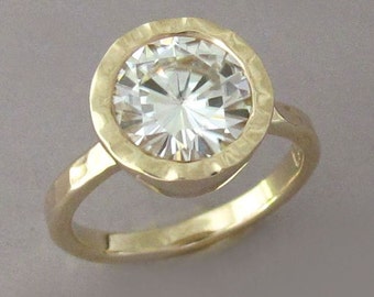 Moissanite Engagement Ring in 14k Yellow or Rose Gold, Hand Hammered with Hammered Bezel, Choose a Stone Size