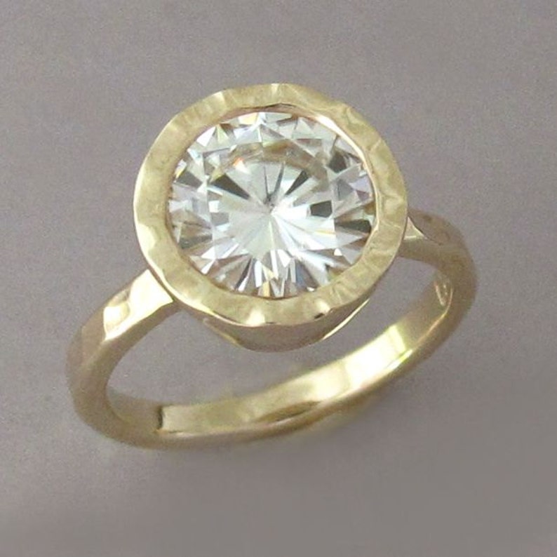 Moissanite Engagement Ring in 14k Yellow or Rose Gold, Hand Hammered with Hammered Bezel, Choose a Stone Size image 1