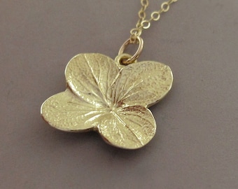 Hydrangea Flower Necklace in 14k Yellow Gold, Free Shipping, Last Minute Gift, Gardening Gift