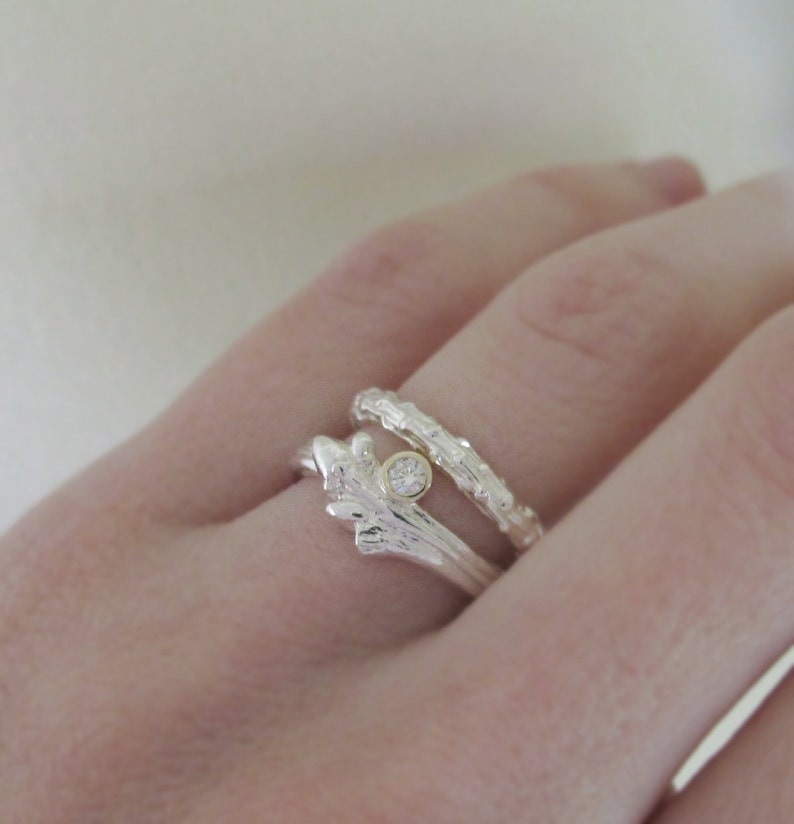 Oak Moissanite Twig Engagement Ring, Sterling Silver and 18k Gold image 4