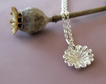 Tiny Flower Charm Necklace Poppy in Sterling Silver, Last Minute Gift, Free Shipping, Gardening Gift