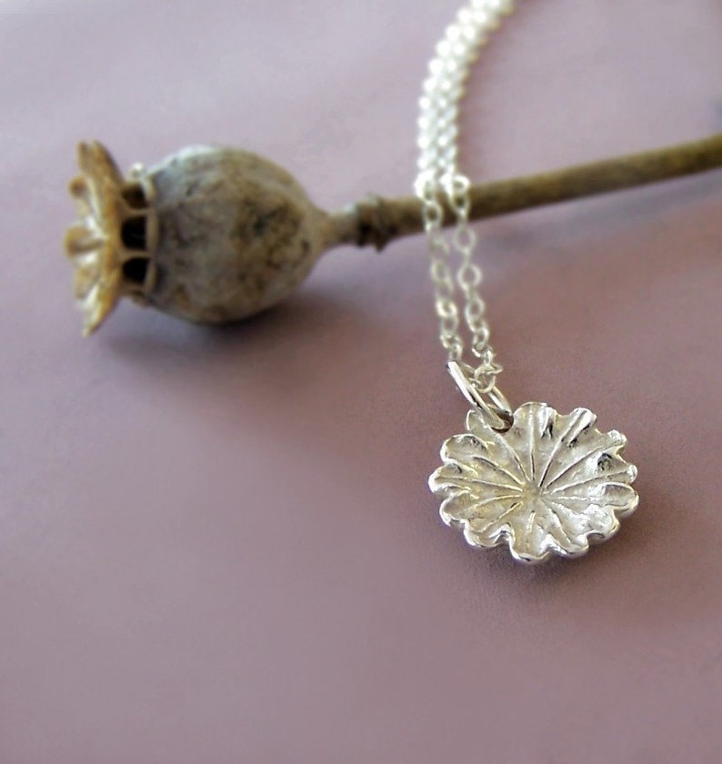 Tiny Flower Charm Necklace Poppy in Sterling Silver, Last Minute Gift, Free Shipping, Gardening Gift image 1