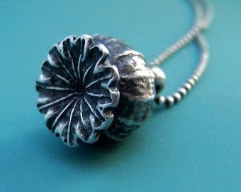 Poppy Pod Necklace in Sterling Silver Last Minute Gift Free Shipping, Gardening Gift