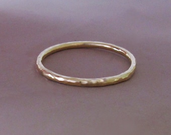 14k Gold Stacking Ring, Hand Hammered 14k Recycled Yellow Gold, 1.3 mm