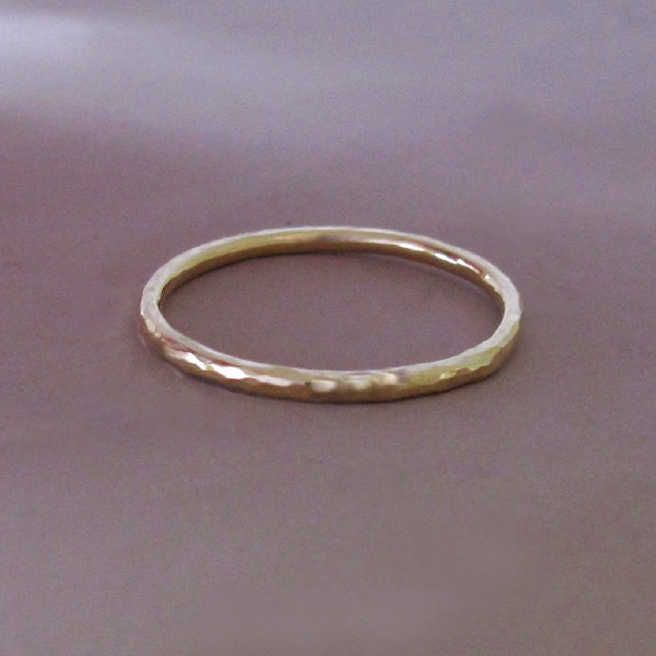 14k Gold Stacking Ring, Hand Hammered 14k Recycled Yellow Gold, 1.3 mm