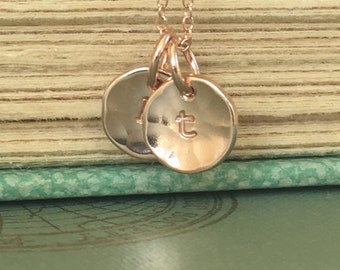 14k Yellow, White or Rose Gold Tiny Hammered Charm Necklace, Customize with Initial Letter