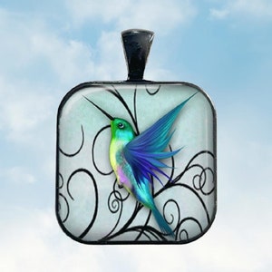 Hummingbird Necklace, Hummingbird Pendant, Hummingbird Key Chain, Hummingbird Jewelry, Blue Hummingbird with Swirls, Shades of Blue