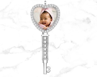 Custom Heart Photo Pendant in Key Shaped Rhinestone Bezel-Rhinestone Heart Necklace,Custom Heart Necklace, Custom Photo Key, Heart Key Chain