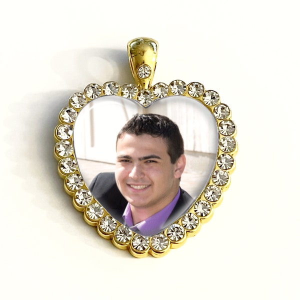 Custom Heart Photo Pendant in Gold Rhinestone Bezel - Rhinestone Heart Necklace, Custom Heart Necklace, Rhinestone Photo, NEW Gold Setting