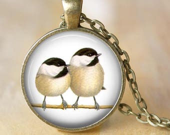 Chickadees Pendant, Necklace or Key Chain - Birds - Choice of Silver, Bronze, Copper or Black, Bird Necklace, Keyring, Keychain