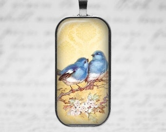 Blue Birds Necklace,Blue Bird Pendant, Pair of Blue Birds, Bird Lovers,Bird Jewelry, Bird Key Chain,Bird Necklace, Birds on a Branch,Flowers