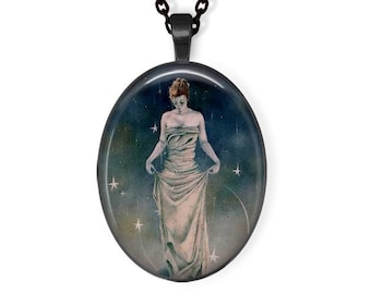 Midnight Goddess Necklace, Pendant or Key Chain - Vintage Image, Vintage Woman, Stars, Moon, Night, Oval Necklace, Art Necklace