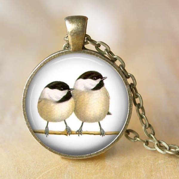 Chickadees Pendant, Necklace or Key Chain - Birds - Choice of Silver, Bronze, Copper or Black, Bird Necklace, Keyring, Keychain