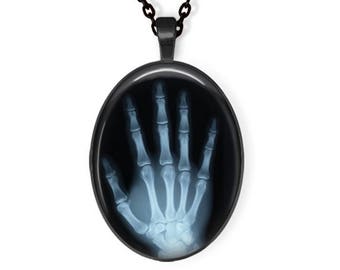 Hand X-Ray  - Oval Pendant, Necklace or Key Chain - Halloween Keychain, Halloween Pendant, X-Ray, Spooky Necklace, Halloween Jewelry