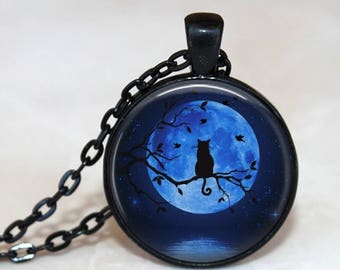 Blue Moon Kitty - Full Moon and Cat on a Branch Pendant, Necklace or Key Chain - Cat Necklace, Kitty Key Chain - Fall, Halloween, Space