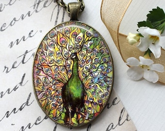 Stained Glass Peacock -  Oval Pendant, Necklace or Key Chain - Choice of Silver, Bronze, Copper or Black, Peacock Necklace