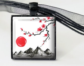 Mountains and Cherry Blossoms Pendant, Necklace or Key Chain - Flower Necklace, Cherry Blossom Necklace, Asian Design, Red Sun