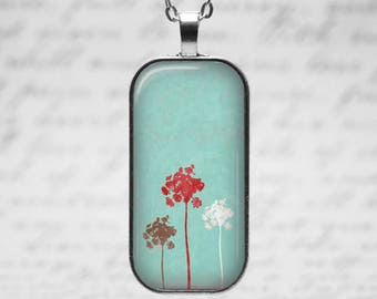 Dandelion Dreams Pendant, Necklace or Key Chain in Silver or Bronze - Large Rectangle, Flowers