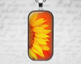 Sunflower Pendant, Necklace or Key Chain-Silver or Bronze- Large Rectangle, Flowers, Sunflower Necklace, Sunflower Key Chain, Yellow, Orange