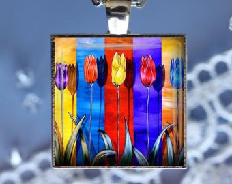 Rainbow Tulips Pendant, Necklace or Key Chain - Spring Flowers, Pendant Necklace, Keychain - Tulips Necklace, Flower Pendant