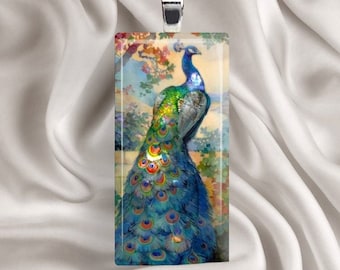 Stunning Peacock Tile Pendant - Peacock Necklace, Peacock Pendant, Vintage Peacock Image, Colorful, Bird Necklace, Peacock Jewelry